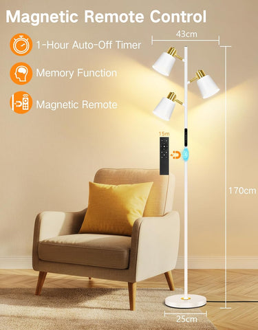 Floor lamp with remote control and measurements in a room setting