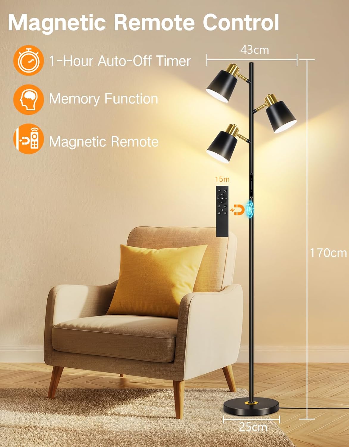Floor lamp with remote control in a living room setting, featuring magnetic remote control, 1-hour auto-off timer, memory function, and dimensions.