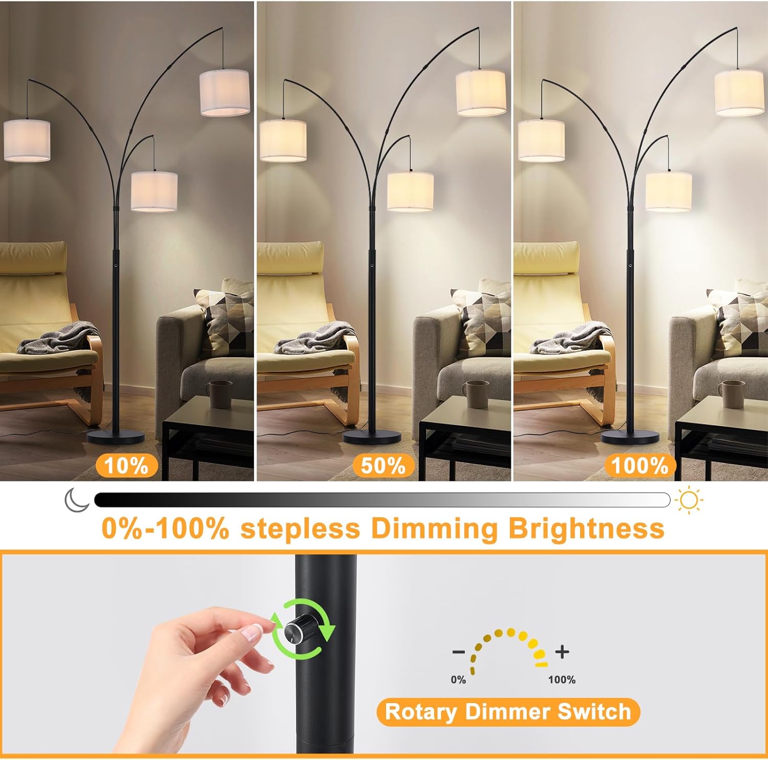 Floor lamp with stepless dimming brightness feature in a living room setting.