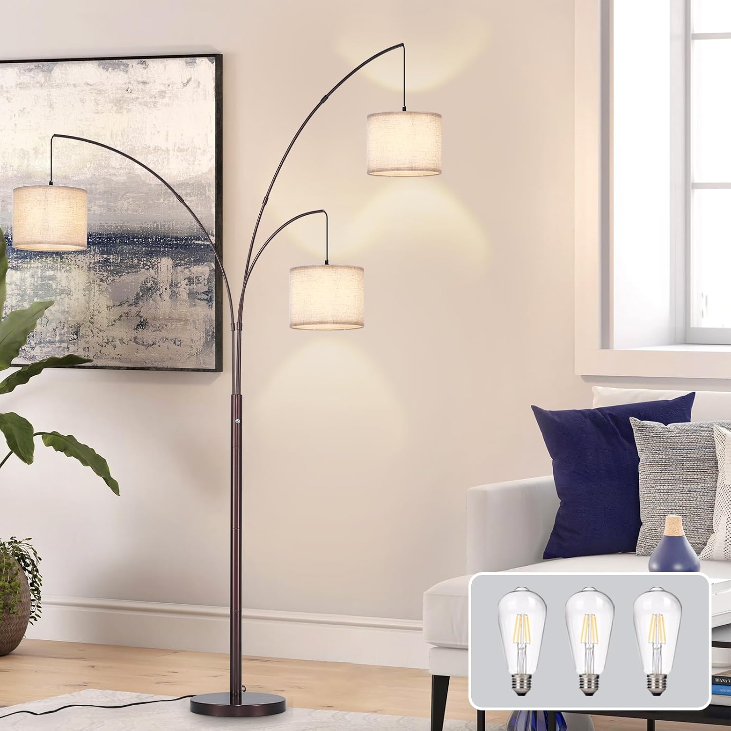 Floor lamp with three light bulbs in a living room setting