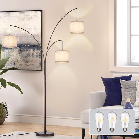 Floor lamp with three light bulbs in a living room setting