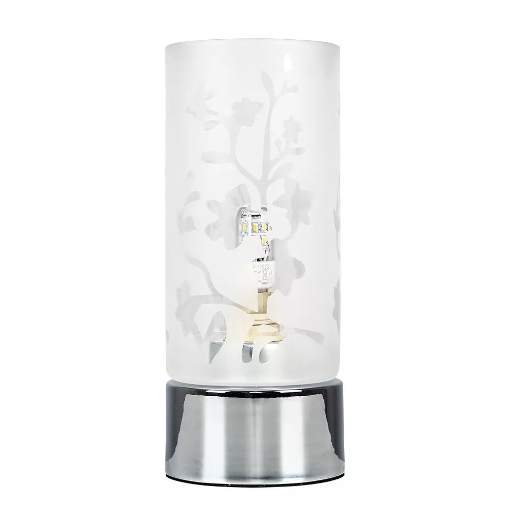Floral Touch Table Lamp Dimmer Chrome 19CM Tall Bedside Lounge Light Glass Shade