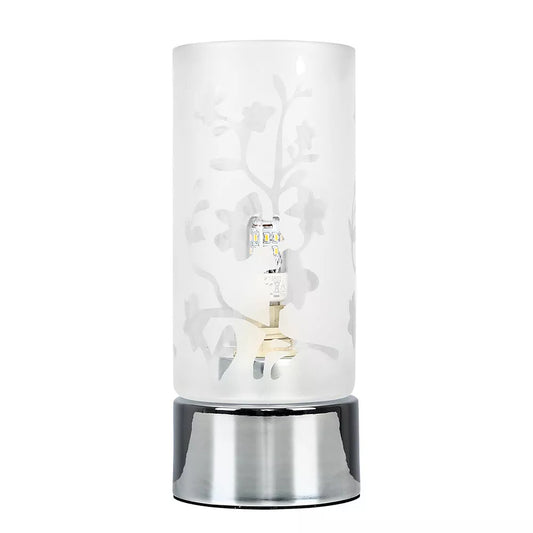 Floral Touch Table Lamp Dimmer Chrome 19CM Tall Bedside Lounge Light Glass Shade