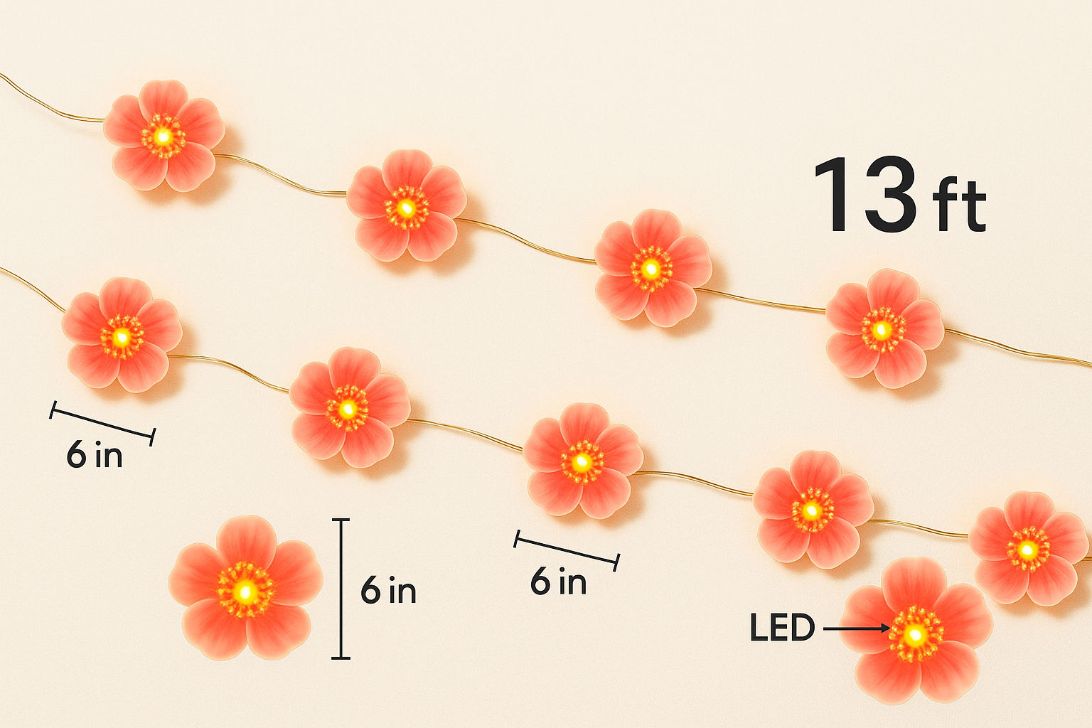 Floral garland with LED lights, measurements, and length indicated on a beige background