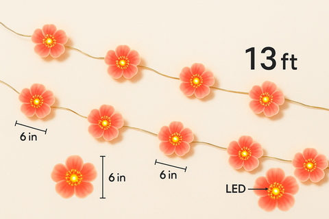 Floral garland with LED lights, measurements, and length indicated on a beige background