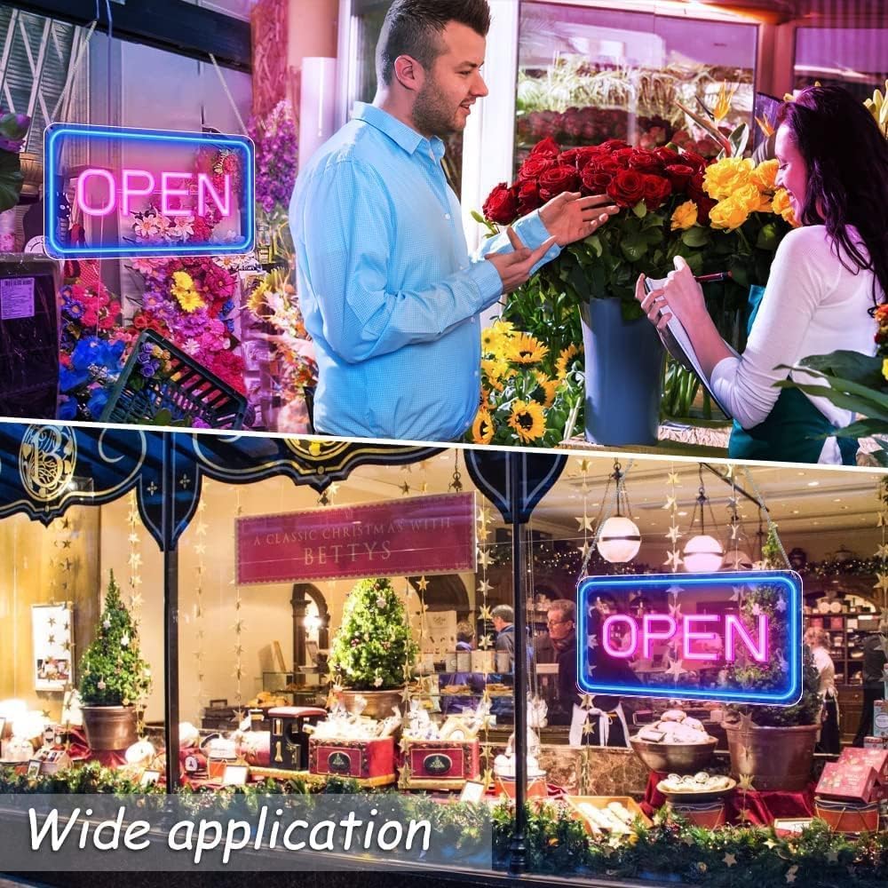 Floral shop with 'OPEN' sign, people interacting with flowers, and a wide application label.