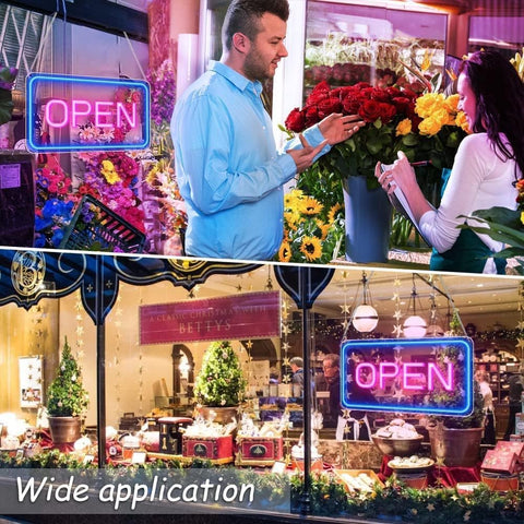 Floral shop with 'OPEN' sign, people interacting with flowers, and a wide application label.