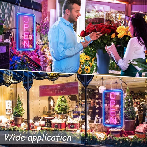 Floral shop with 'OPEN' sign, people shopping, and a wide application label.