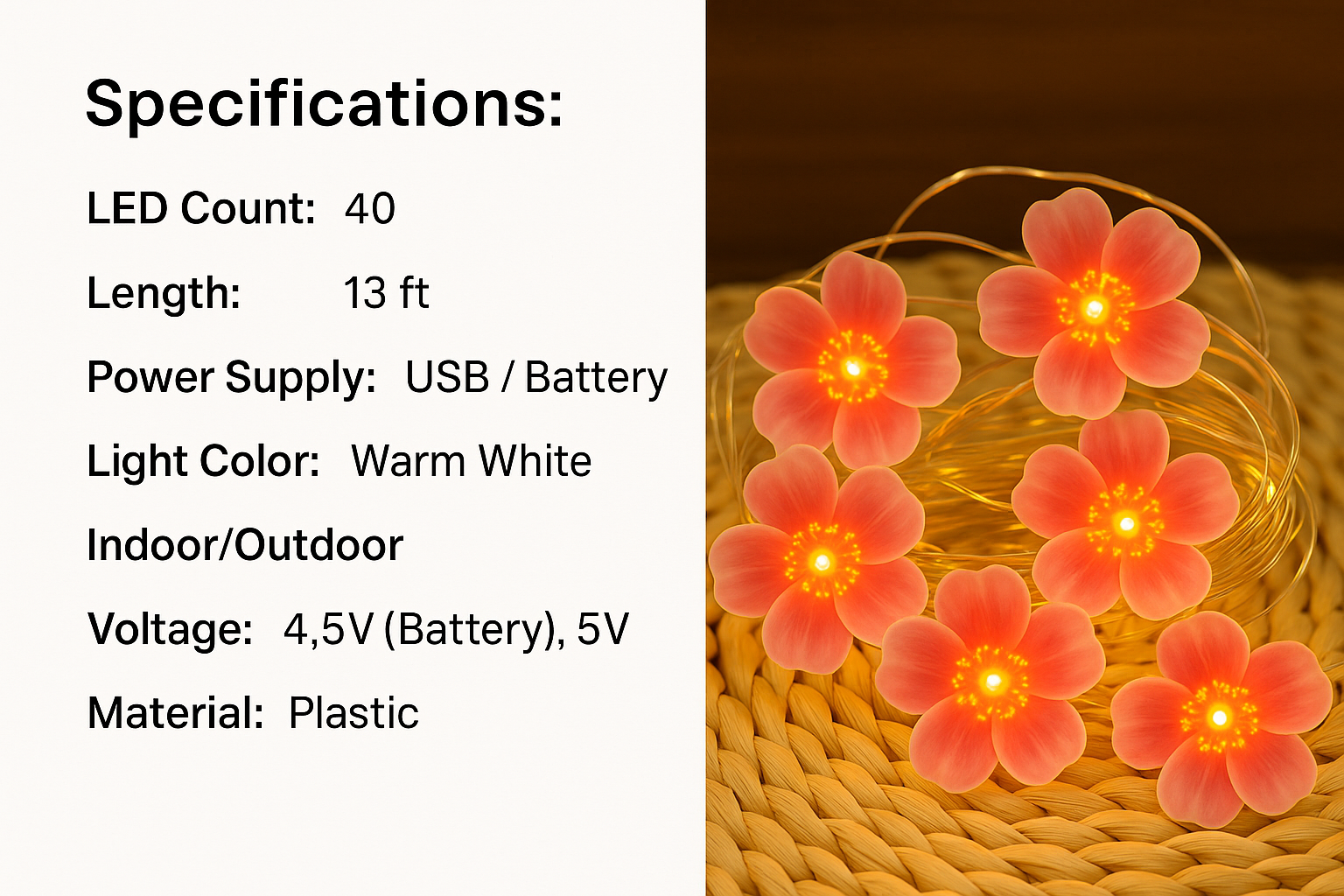 Flower-shaped LED lights with specifications on a white background