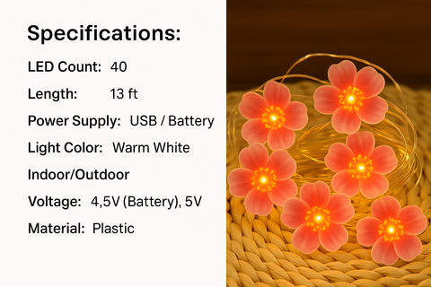 Flower-shaped LED lights with specifications on a white background