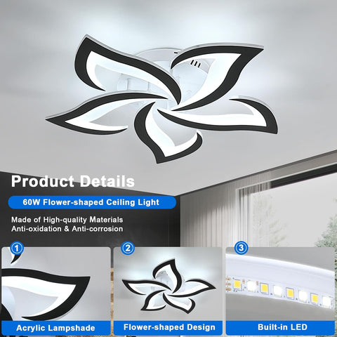 Flower-shaped ceiling light fixture with product details on a white background