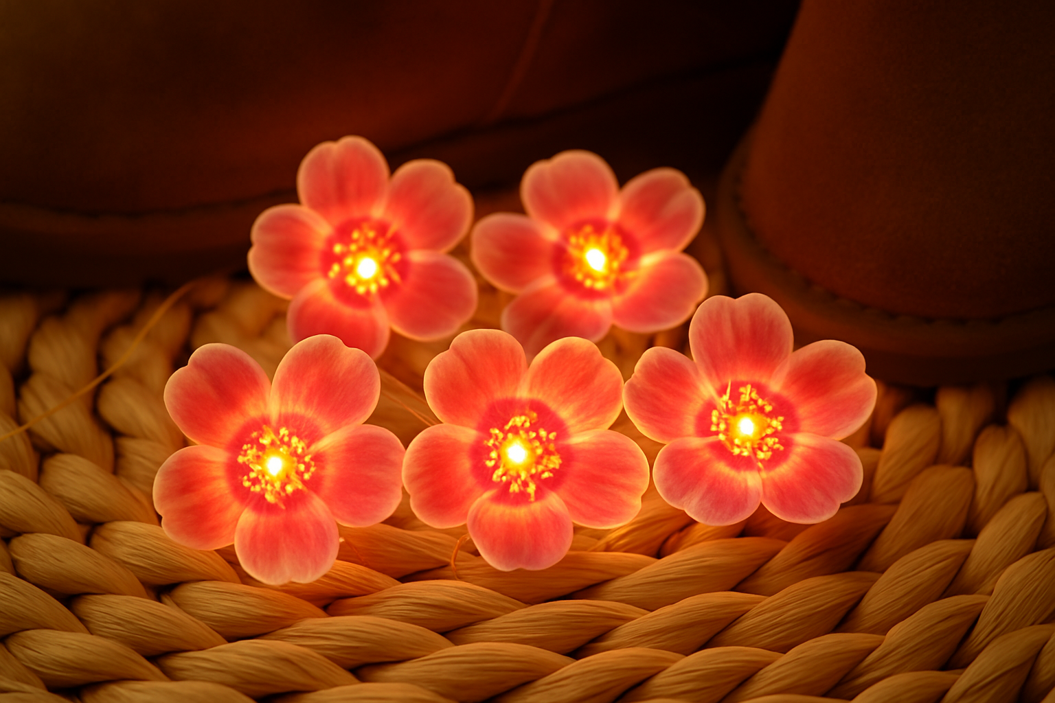 Flower-shaped lights emitting a warm glow on a woven surface