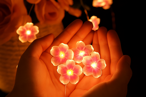 Flower-shaped lights held in hands with a blurred background