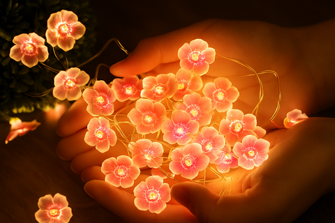 Flower-shaped string lights held in hands with a dark background