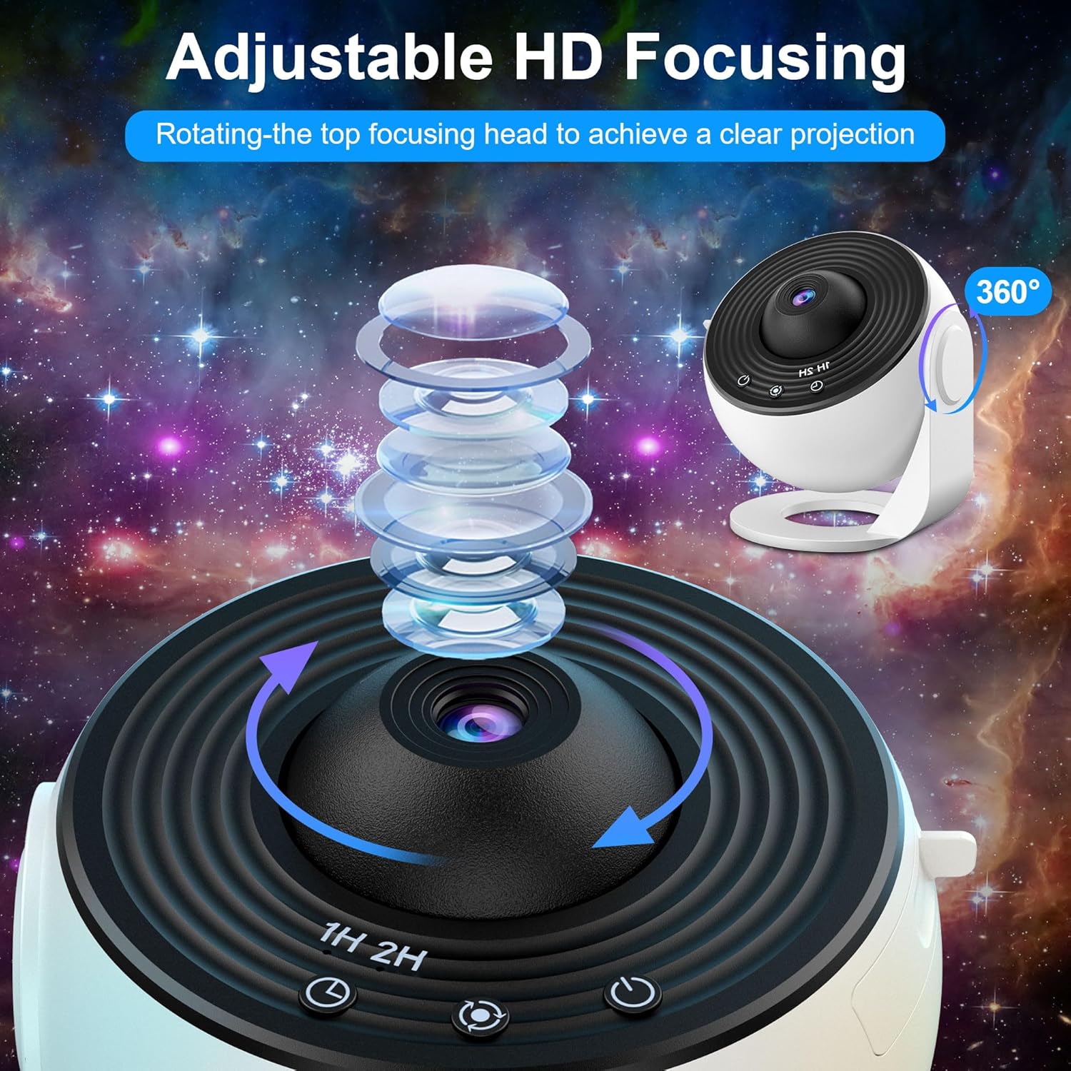 Focusing device with adjustable HD focusing on a space-themed background