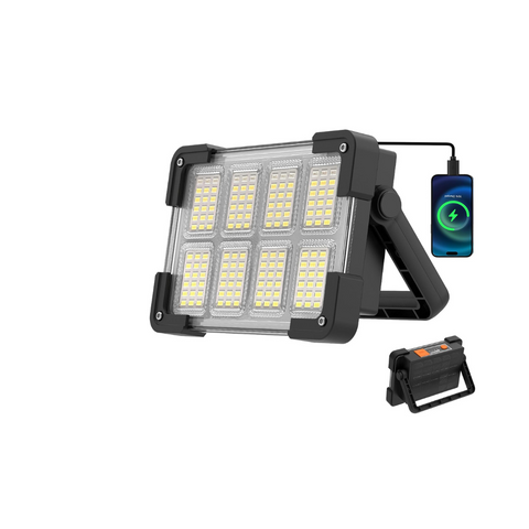Foldable LED work light with smartphone charging cable on a white background
