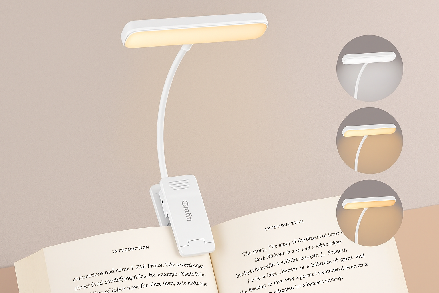 Foldable book light on an open book with three inset images showing different angles.