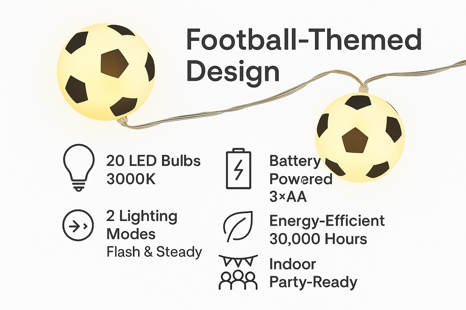 Football-themed light string with specifications on a white background