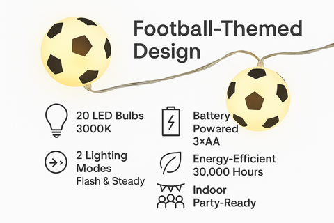Football-themed light string with specifications on a white background
