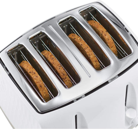 Four-slice toaster with bagels in the slots on a white background