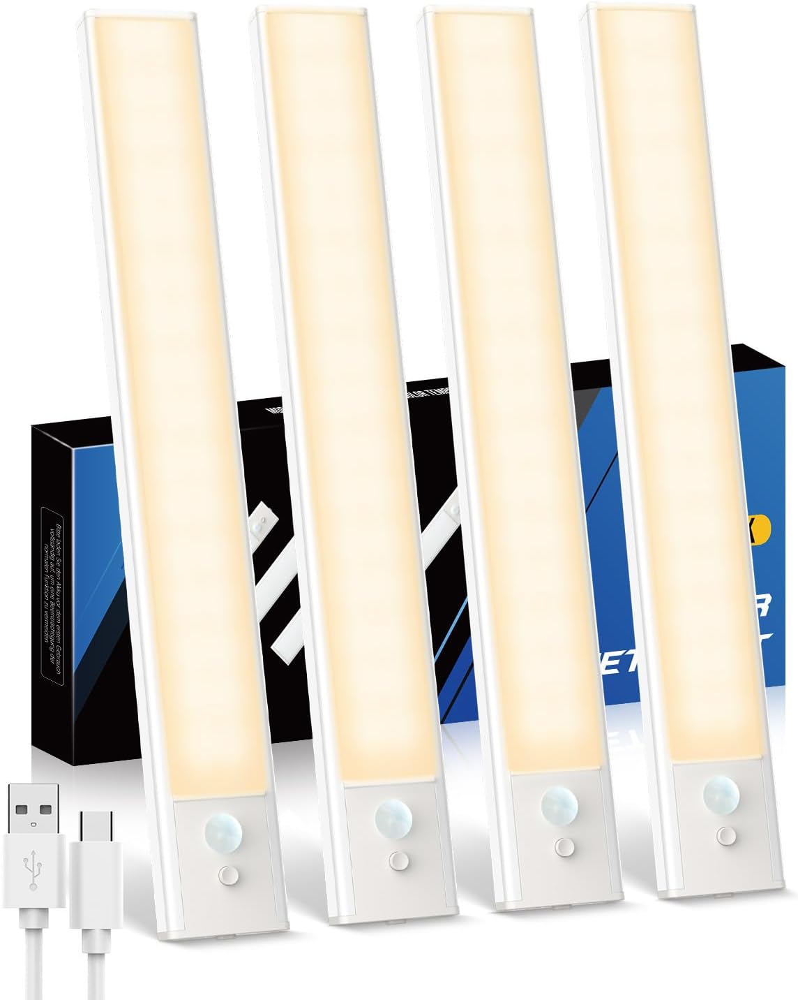 Four LED stick lights with motion sensor on a white background, with packaging in the background.