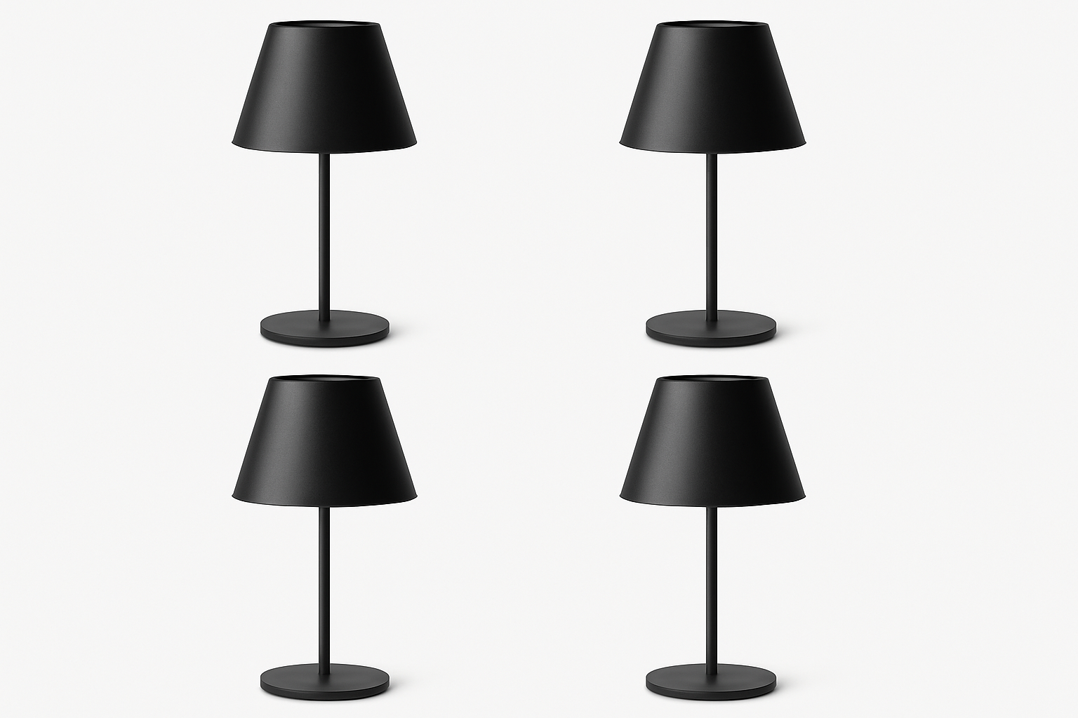 Four black table lamps on a white background