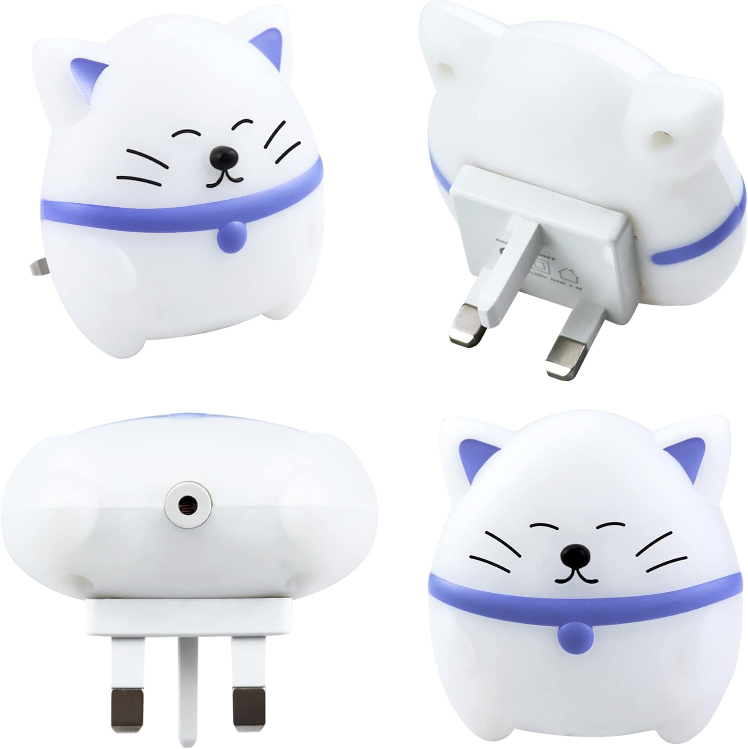 Four cat-shaped wall sockets with blue accents on a white background
