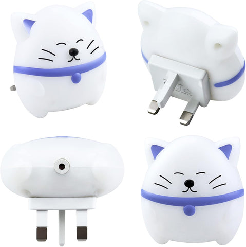 Four cat-shaped wall sockets with blue accents on a white background