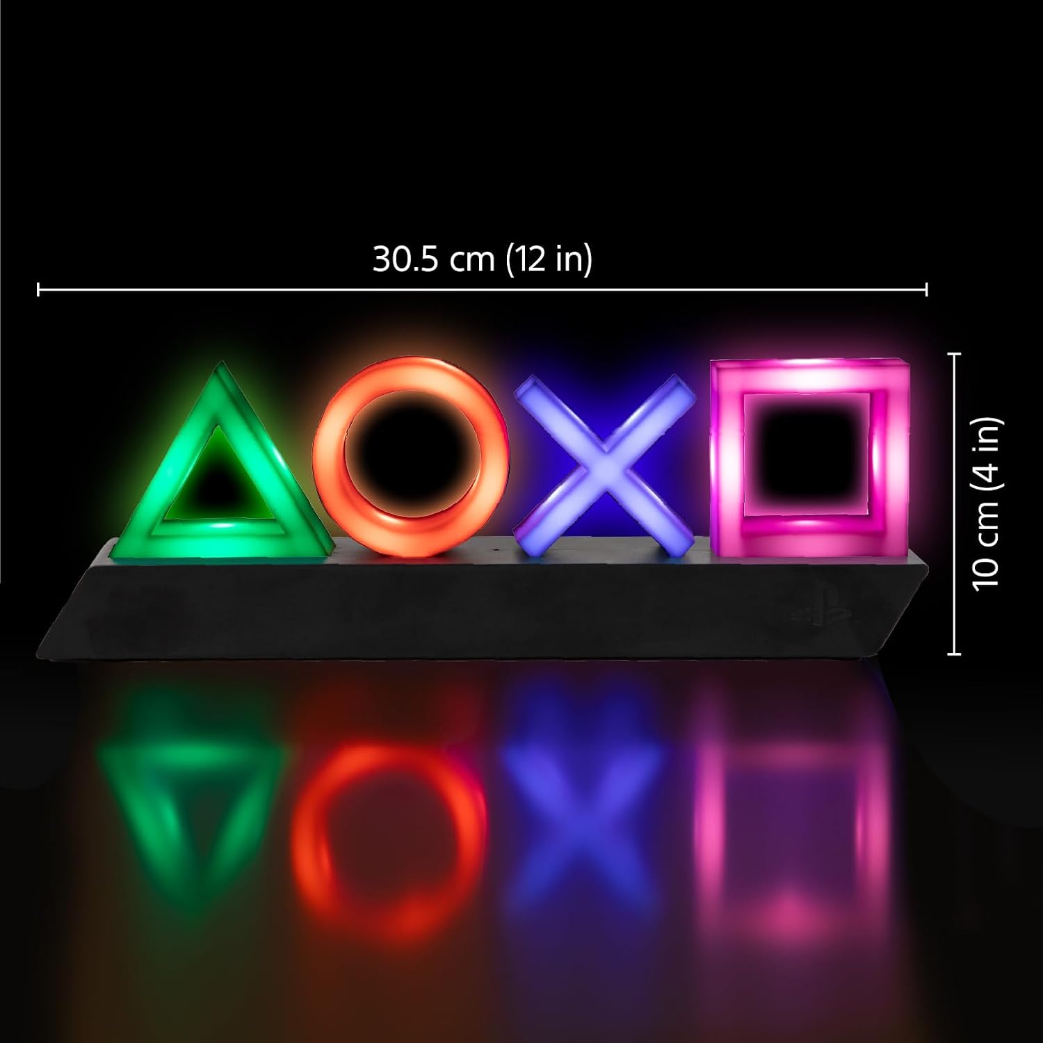 Four colorful buttons with gaming symbols on a black base, showing dimensions.