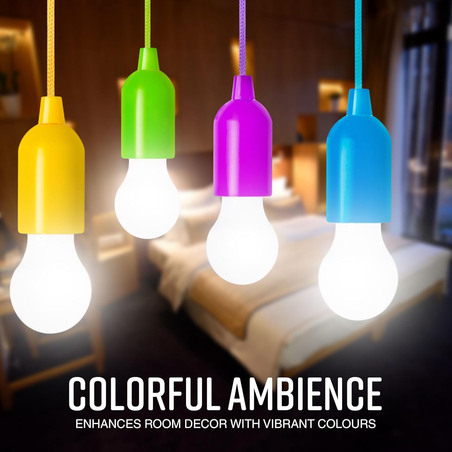 Four colorful light bulbs hanging in a room with 'Colorful Ambience' text.
