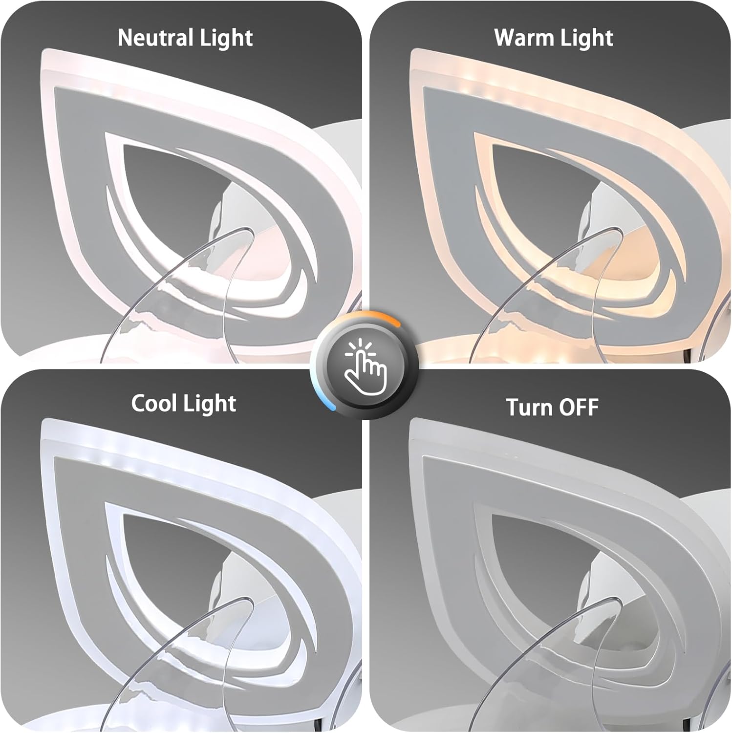 Four different light settings on a screen with labeled 'Neutral Light', 'Warm Light', 'Cool Light', and 'Turn OFF'.