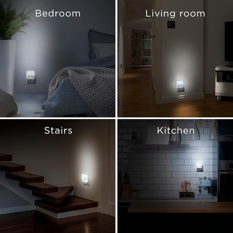 Four different scenes showing a night light in various rooms: bedroom, living room, stairs, and kitchen.
