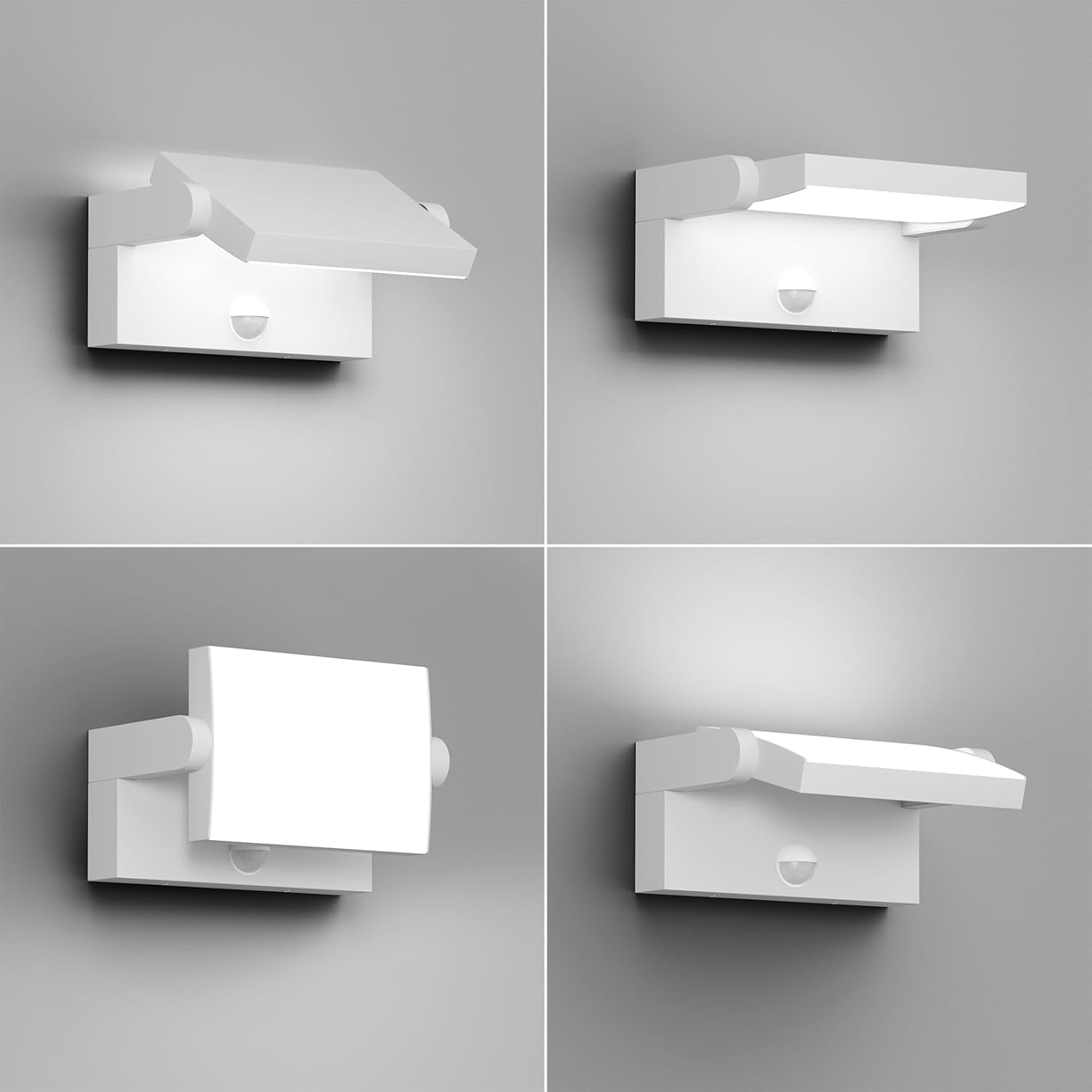Four different views of a modern wall-mounted light fixture on a gray background