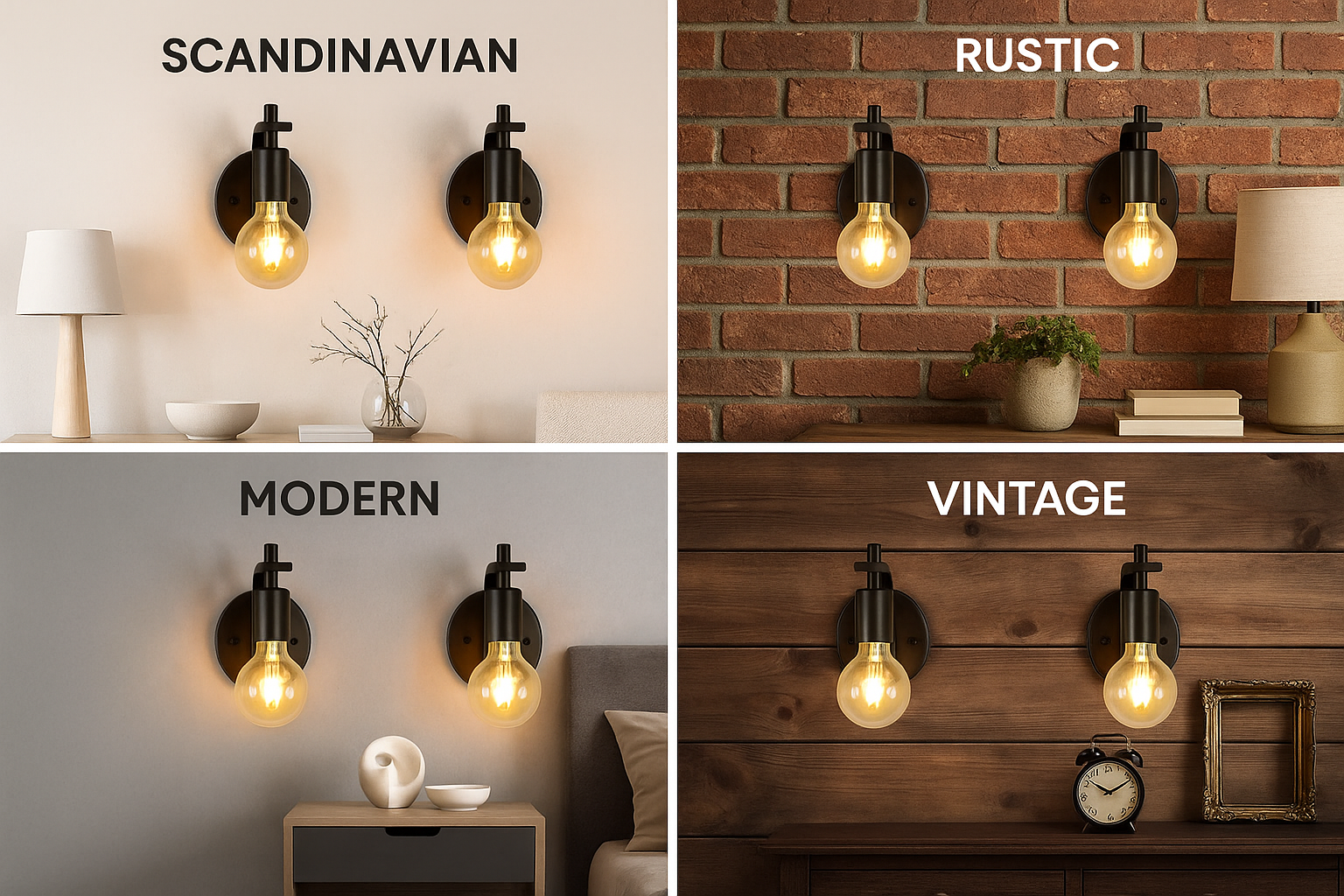Four different wall light fixtures styled in Scandinavian, Rustic, Modern, and Vintage designs.