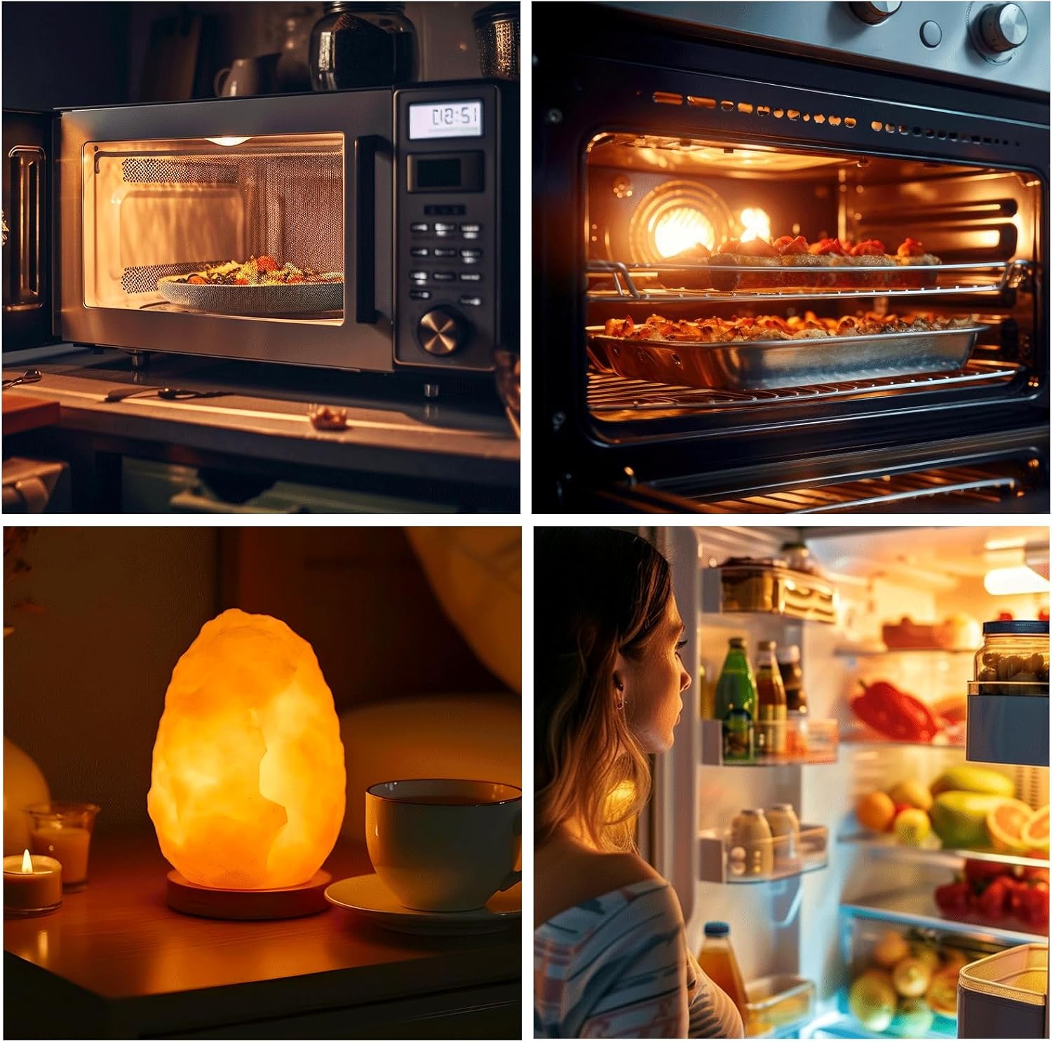 Four images showing a microwave, oven, salt lamp, and person looking into a refrigerator.