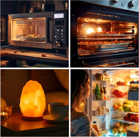 Four images showing a microwave, oven, salt lamp, and person looking into a refrigerator.
