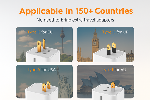 Four plug adapters with different socket types for EU, UK, USA, and AU, with scenic backgrounds.