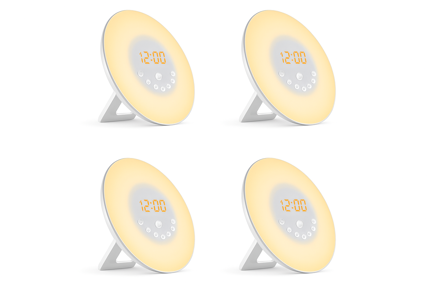Four round alarm clocks with digital display on a white background