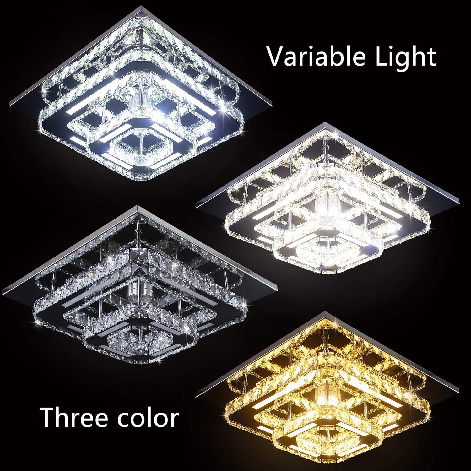 Four square ceiling lights in different colors on a black background