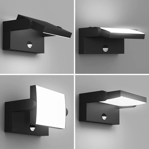 Four views of a modern black wall-mounted light fixture 