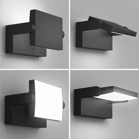 Four views of a modern black wall-mounted light fixture on a gray background
