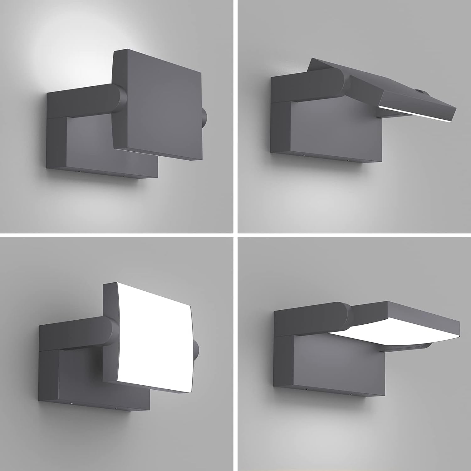 Four views of a modern wall-mounted light fixture on a gray background