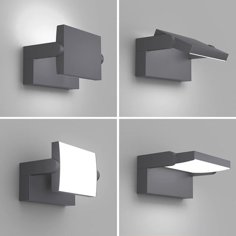 Four views of a modern wall-mounted light fixture on a gray background