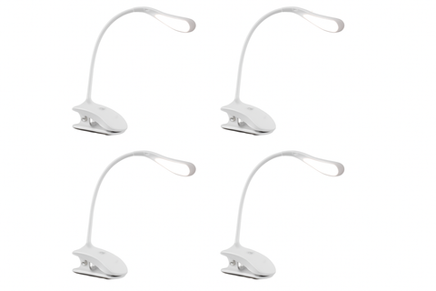 Four white clip-on reading lamps on a white background