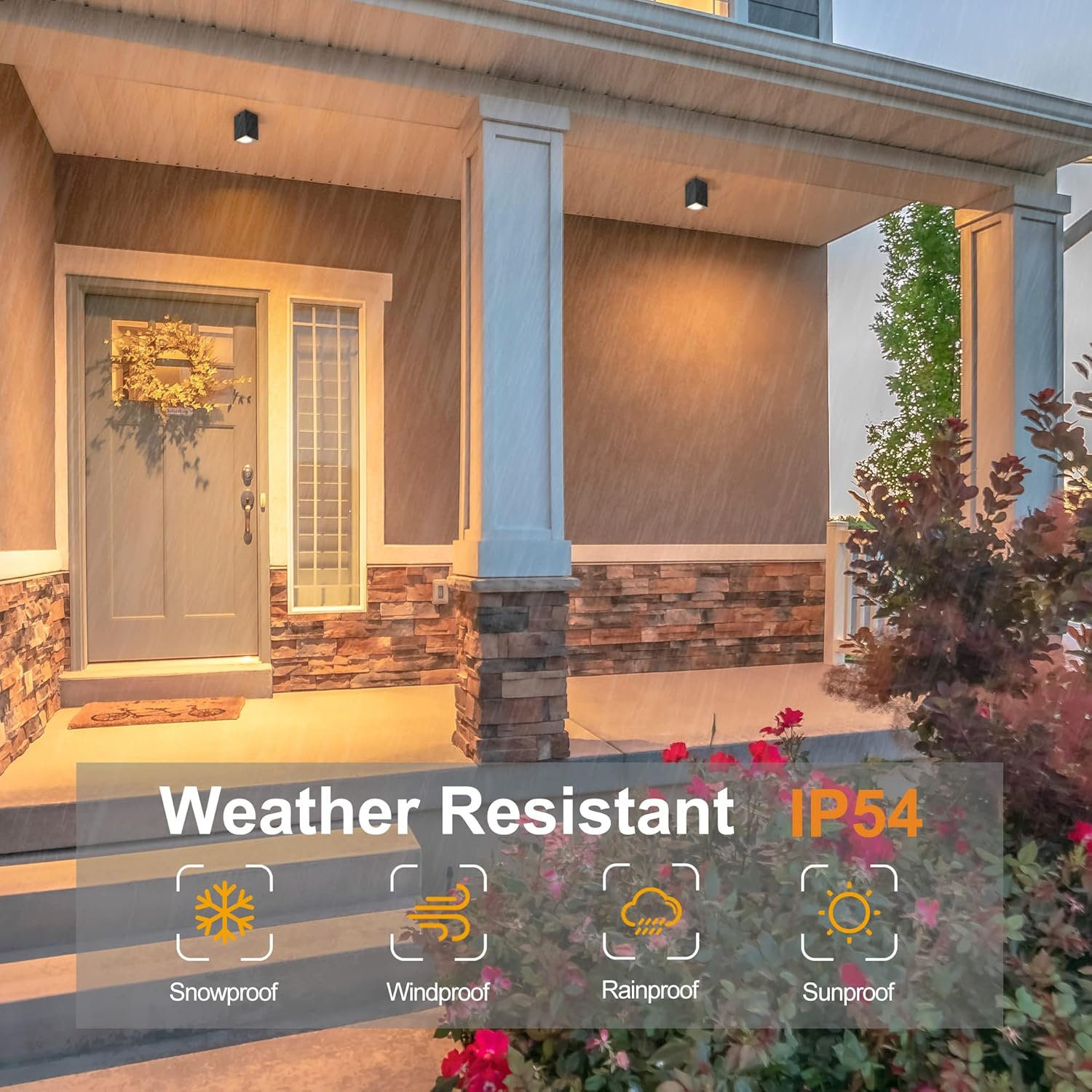 Front door of a house with weather resistance features highlighted