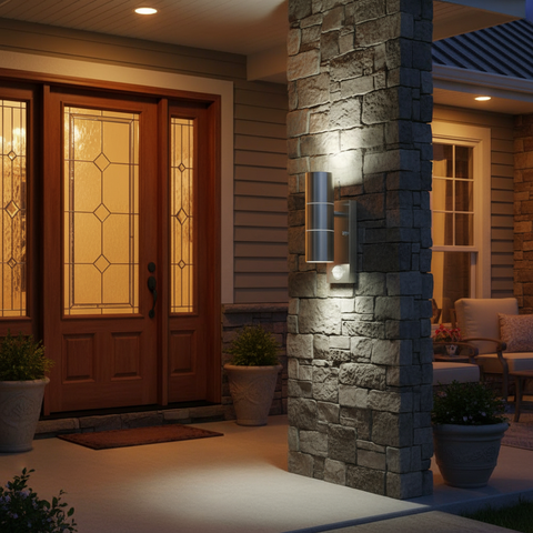 Front porch of a house with decorative lighting and plants