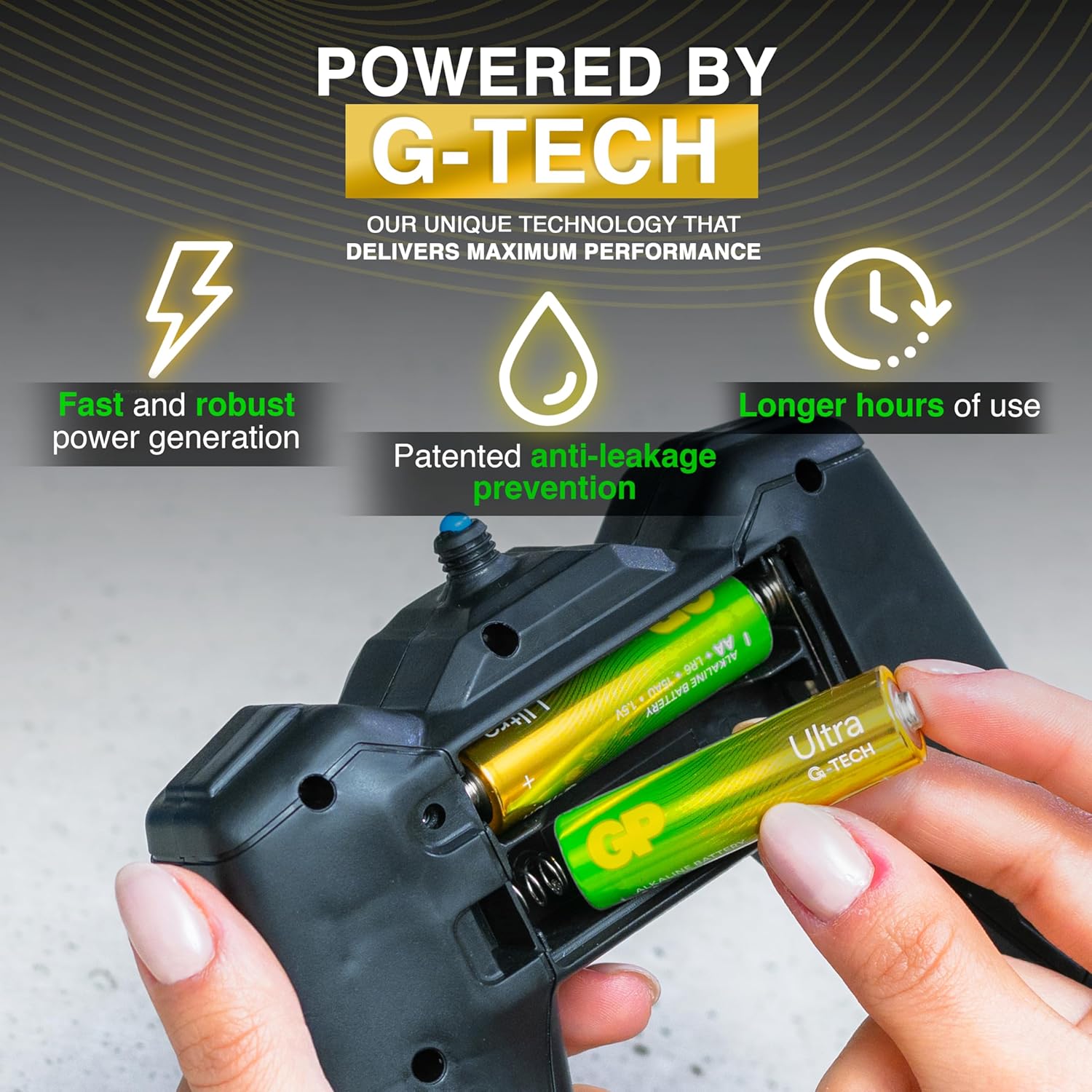 G-TECH battery pack with batteries being inserted, highlighting features like fast power generation and anti-leakage prevention.
