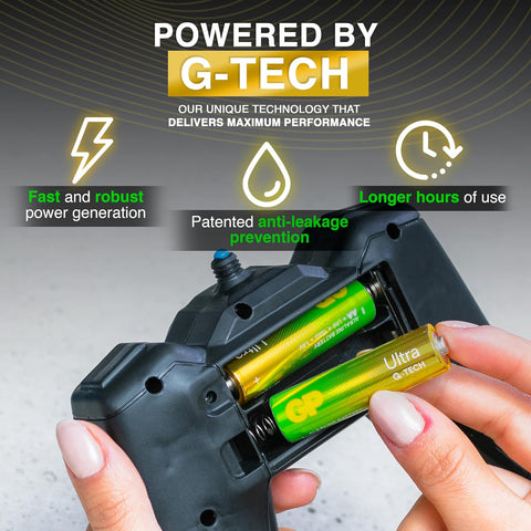 G-TECH battery pack with batteries being inserted, highlighting features like fast power generation and anti-leakage prevention.