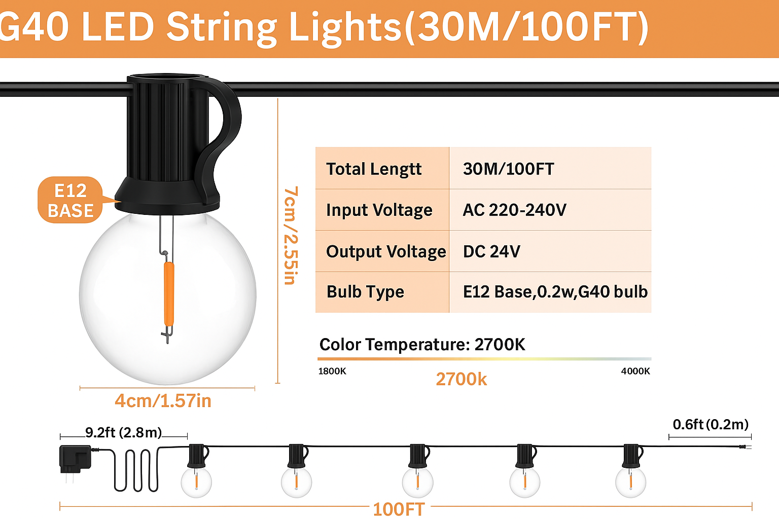 G40 LED string lights with specifications on a white background