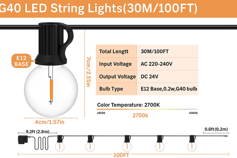 G40 LED string lights with specifications on a white background